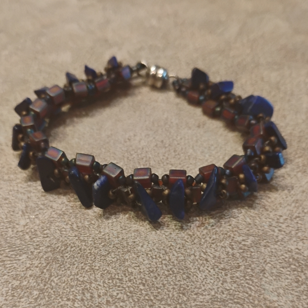 Blue And Brown Weaved Bohemian Beaded Bracelet With Magnetic Closure